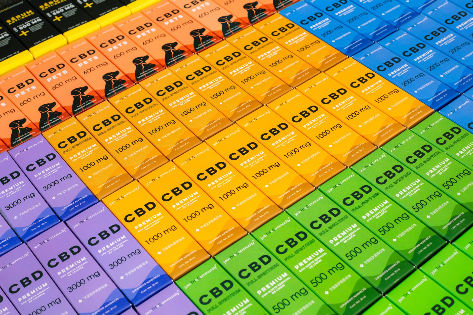 Présentation de boîtes CBD colorées